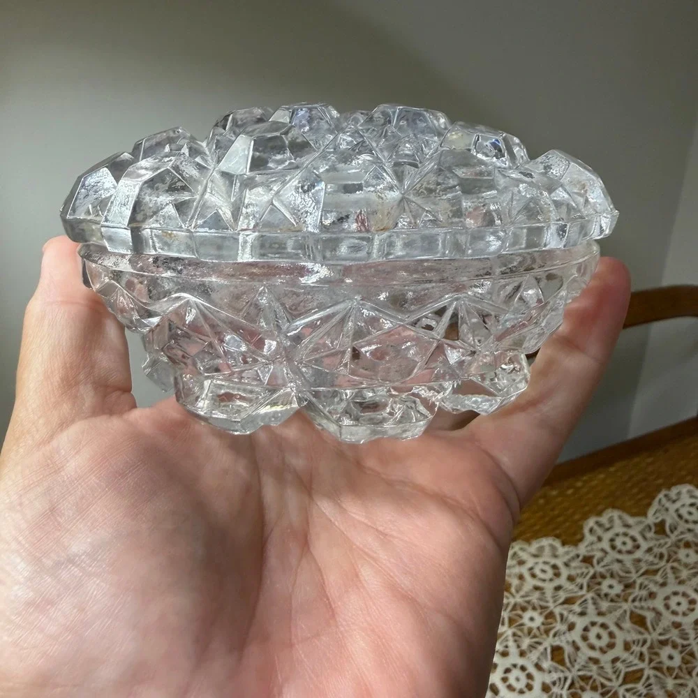 Vintage Glass Diamond Point Clear Covered Candy Dish Footed Oval 5in